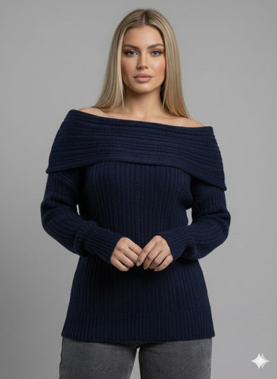 Off-Shoulder Ribbed Knit Sweater – Foldover Neck, Long Sleeve navy