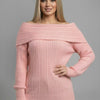 Off-Shoulder Ribbed Knit Sweater – Foldover Neck, Long Sleeve pink