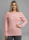 Off-Shoulder Ribbed Knit Sweater – Foldover Neck, Long Sleeve pink