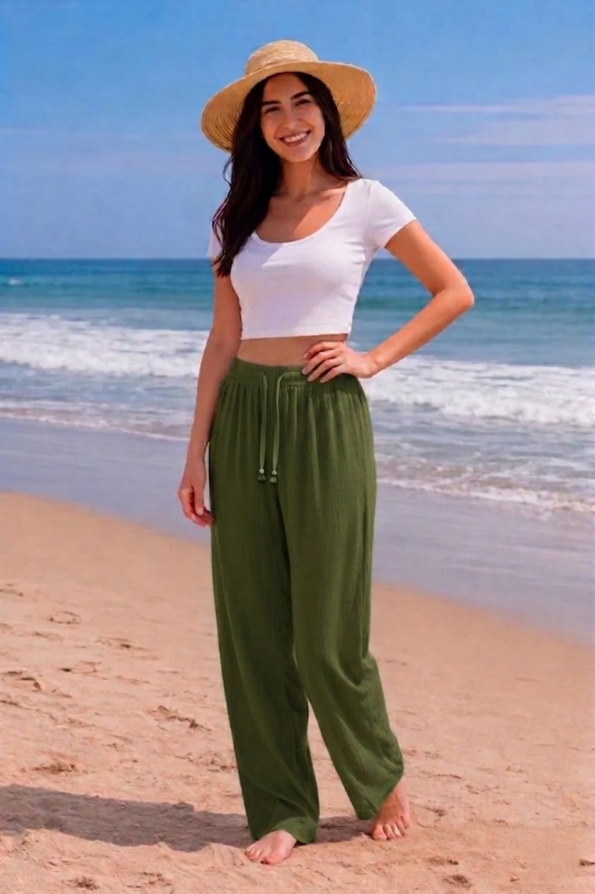 Olive Green Plain Rayon Cotton Pants | Basic Wear Club