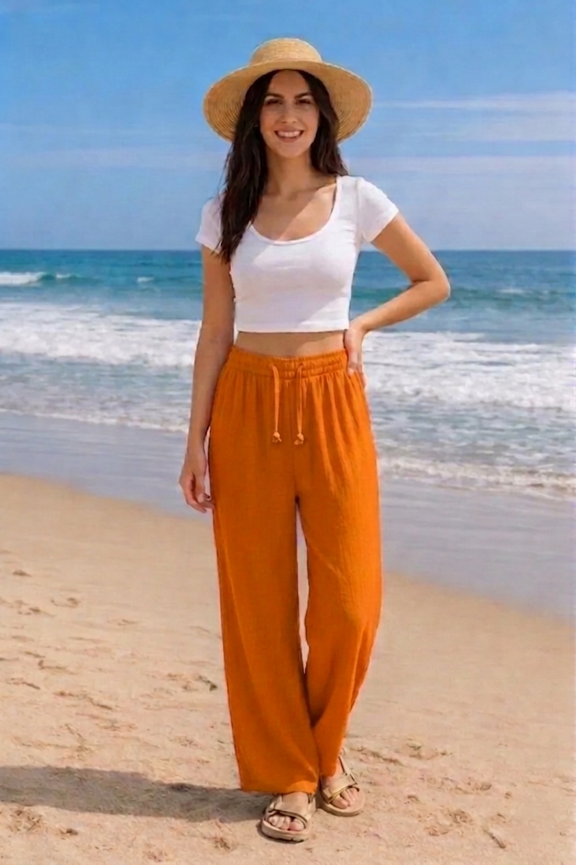 Orange Plain Rayon Cotton Pants | Basic Wear Club