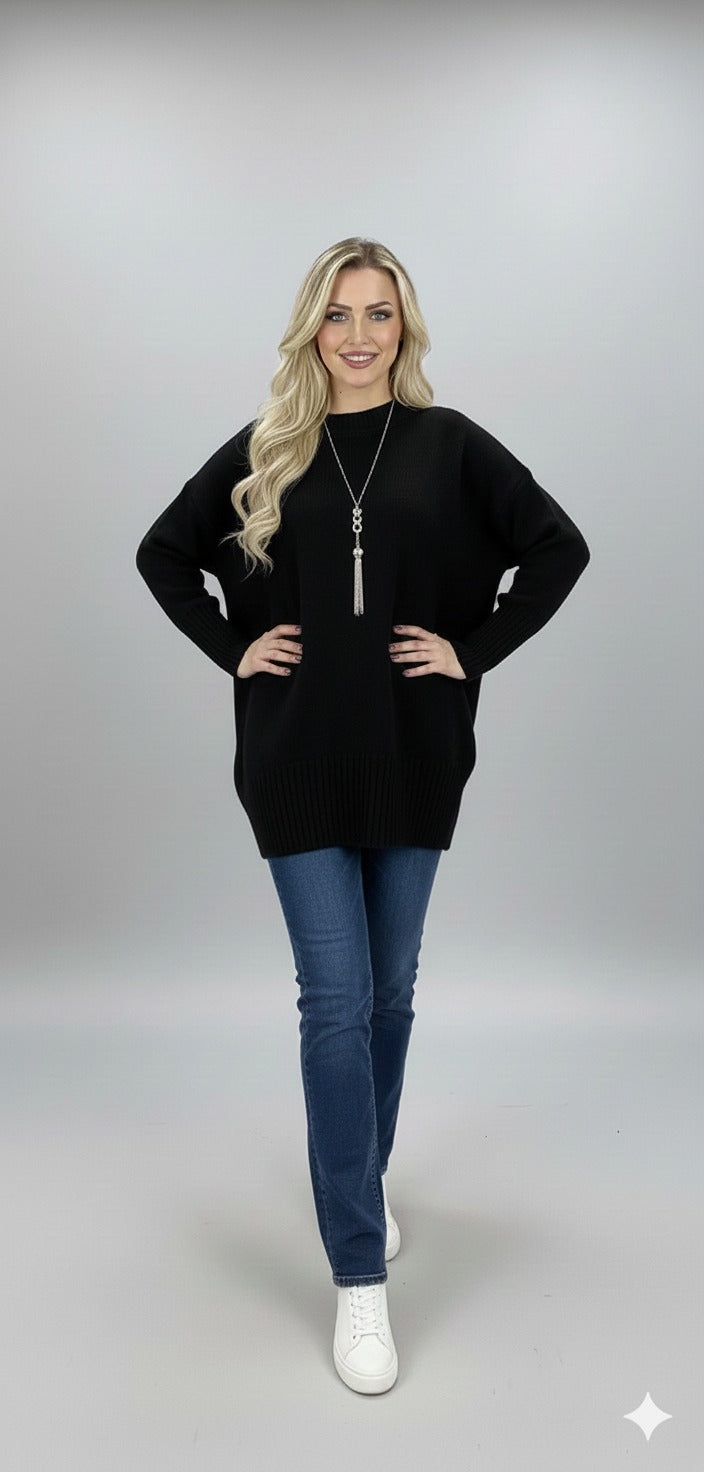  Oversized Knit Sweater – Mock Neck, Long Sleeve, Ribbed Hem Black
