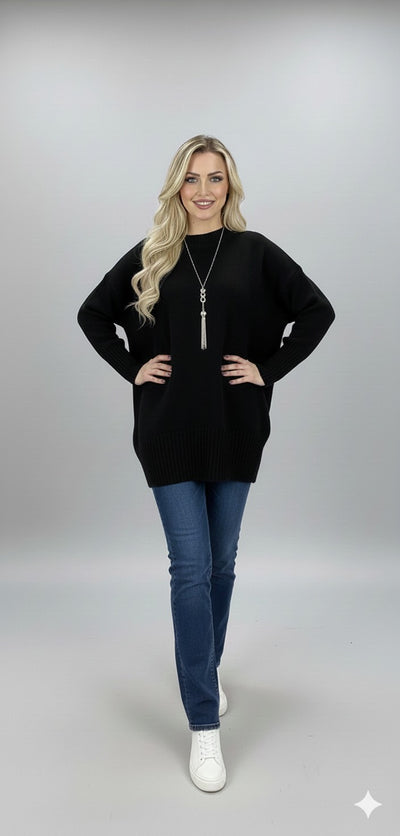  Oversized Knit Sweater – Mock Neck, Long Sleeve, Ribbed Hem Black