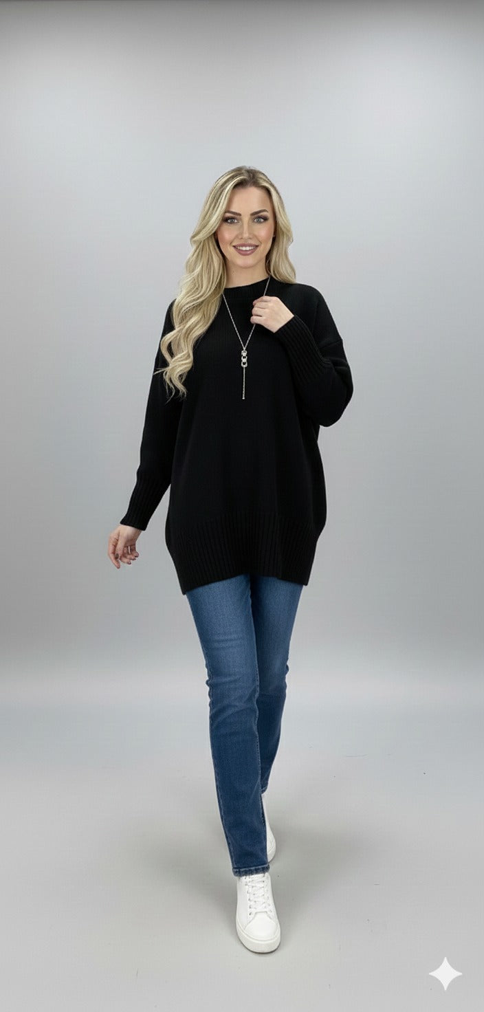  Oversized Knit Sweater – Mock Neck, Long Sleeve, Ribbed Hem Black