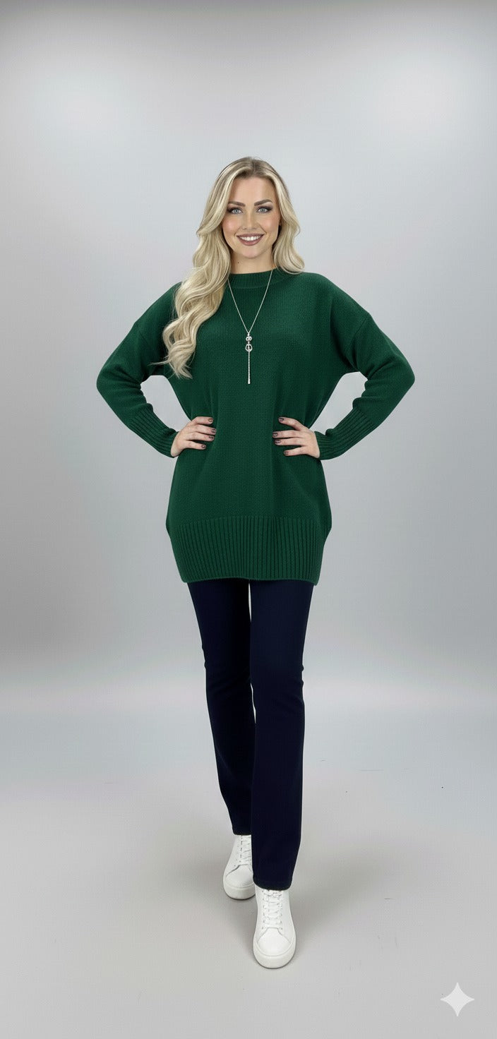 Oversized Knit Sweater – Mock Neck, Long Sleeve, Ribbed Hem Green