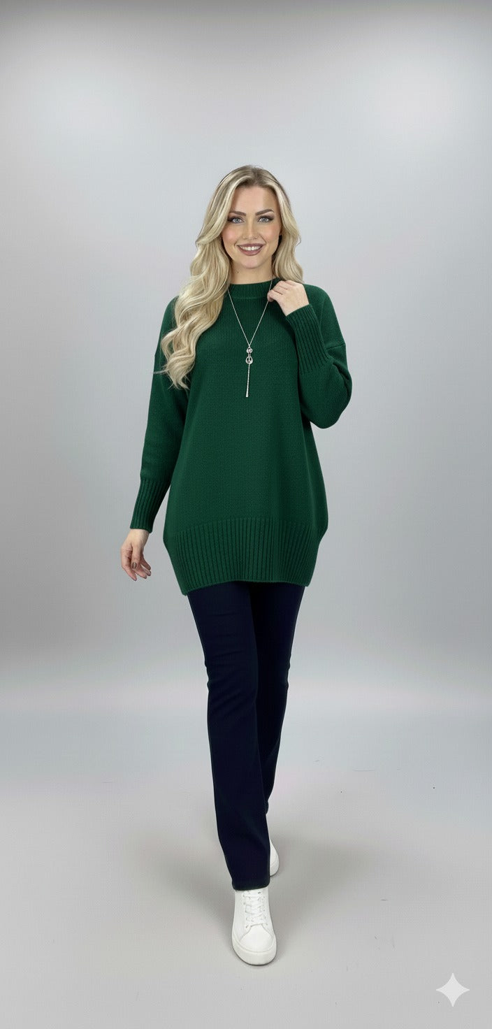 Oversized Knit Sweater – Mock Neck, Long Sleeve, Ribbed Hem Green