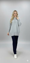 Oversized Knit Sweater – Mock Neck, Long Sleeve, Ribbed Hem Grey 