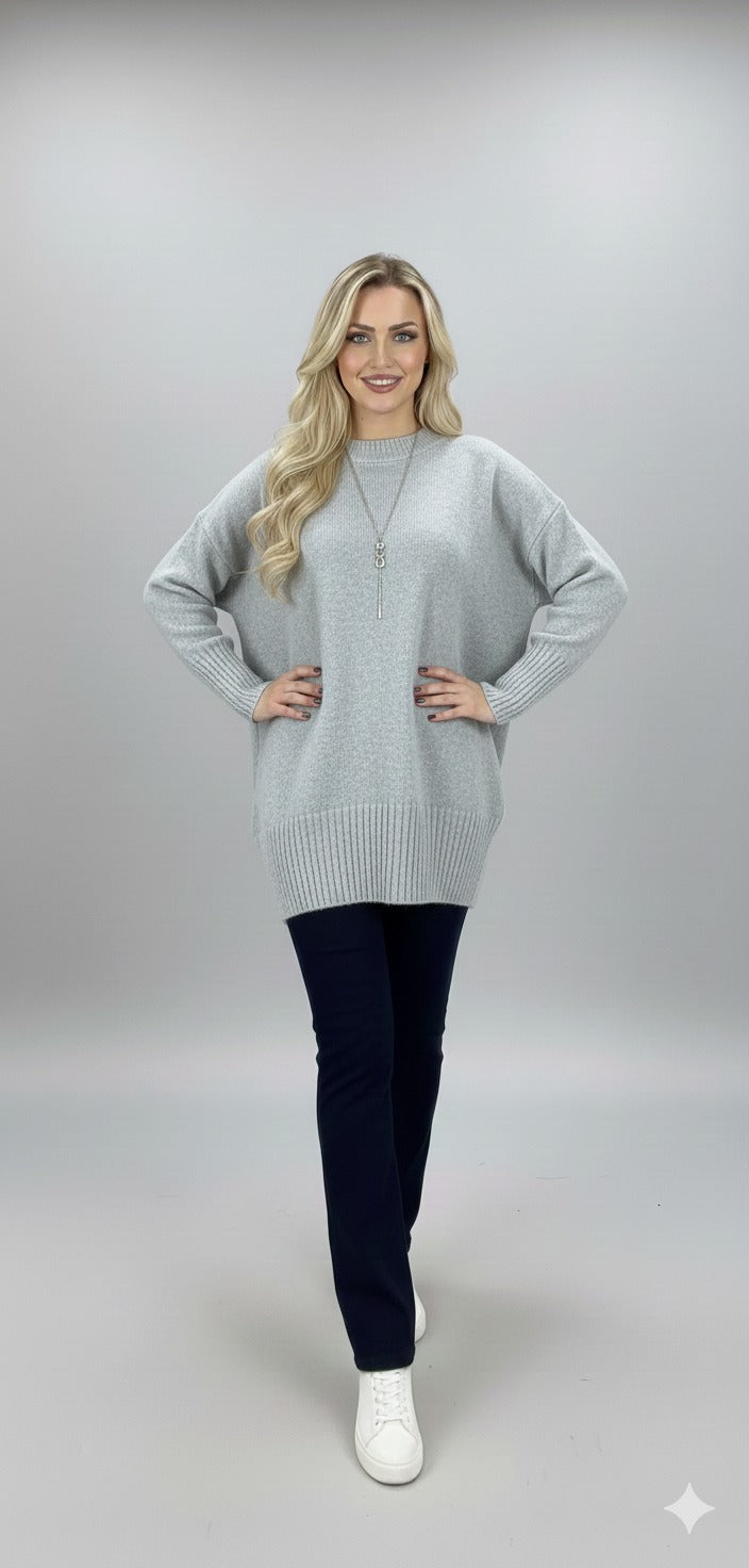 Oversized Knit Sweater – Mock Neck, Long Sleeve, Ribbed Hem Grey 