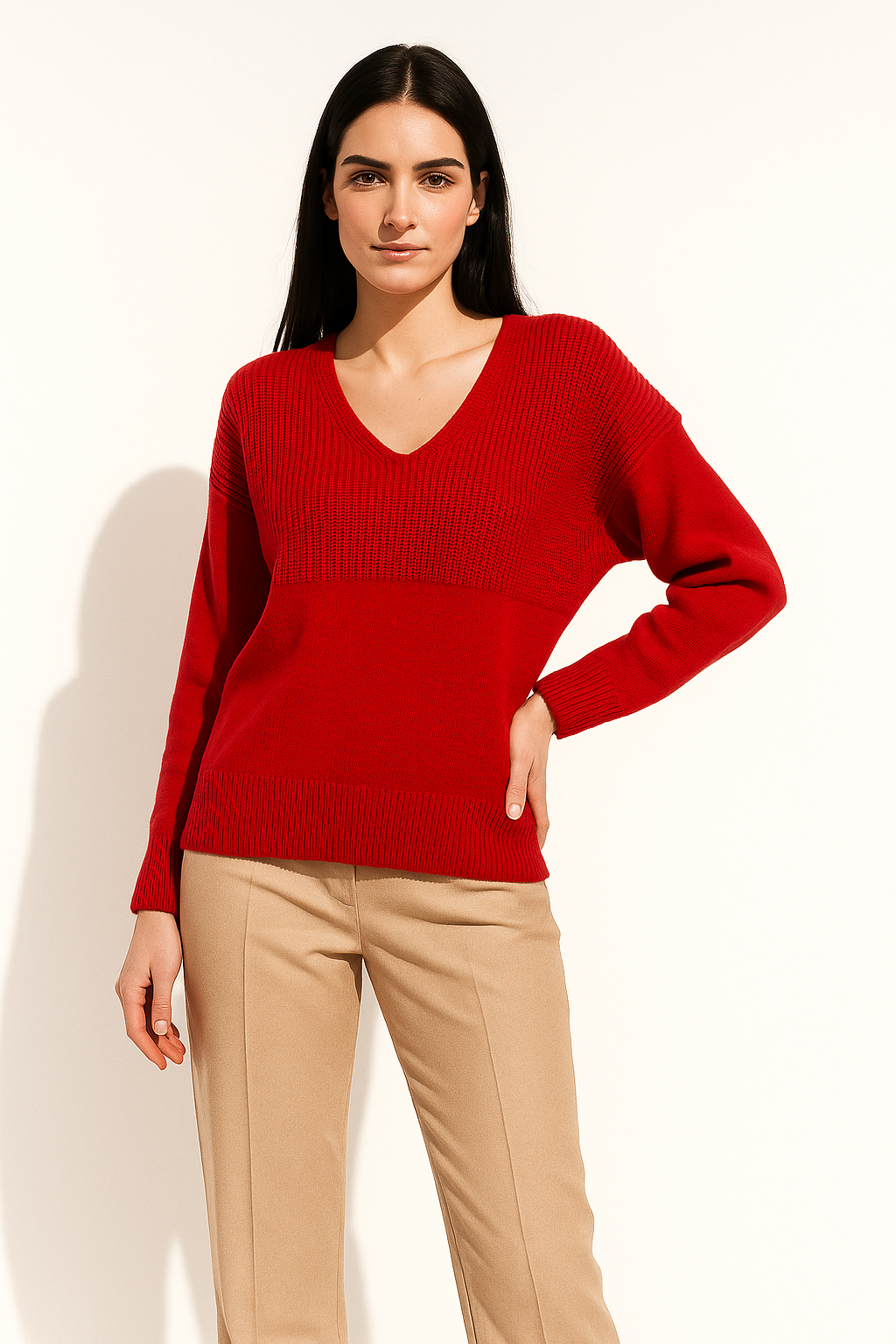 Red Classic V-Neck Knit Sweater
