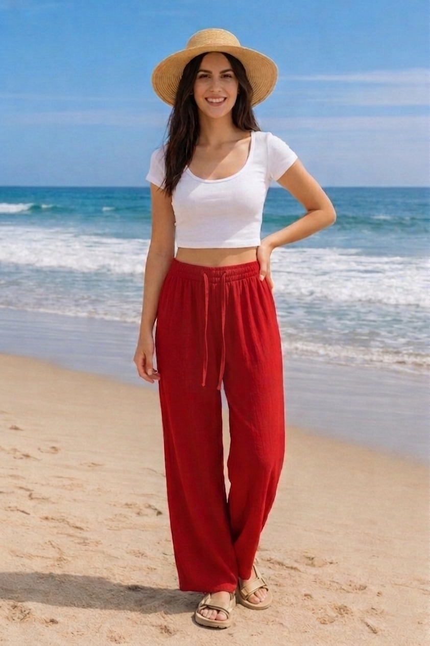 Red Plain Rayon Cotton Pants | Basic Wear Club