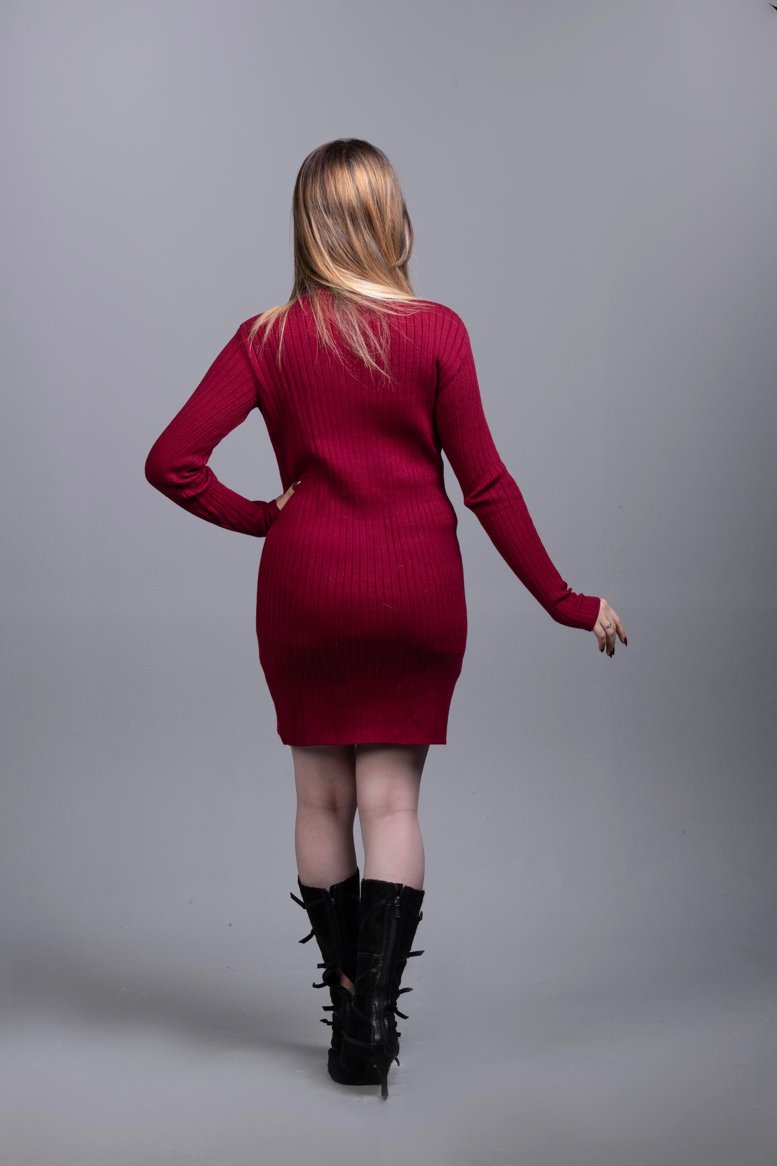 Basic Wear Club | Dress | Cotton | Dark Red | Ribbed Knit Bodycon Dress