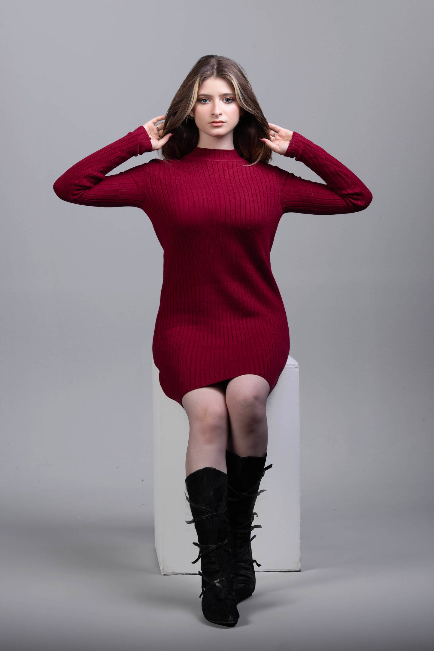 Basic Wear Club | Dress | Cotton | Dark Red | Ribbed Knit Bodycon Dress