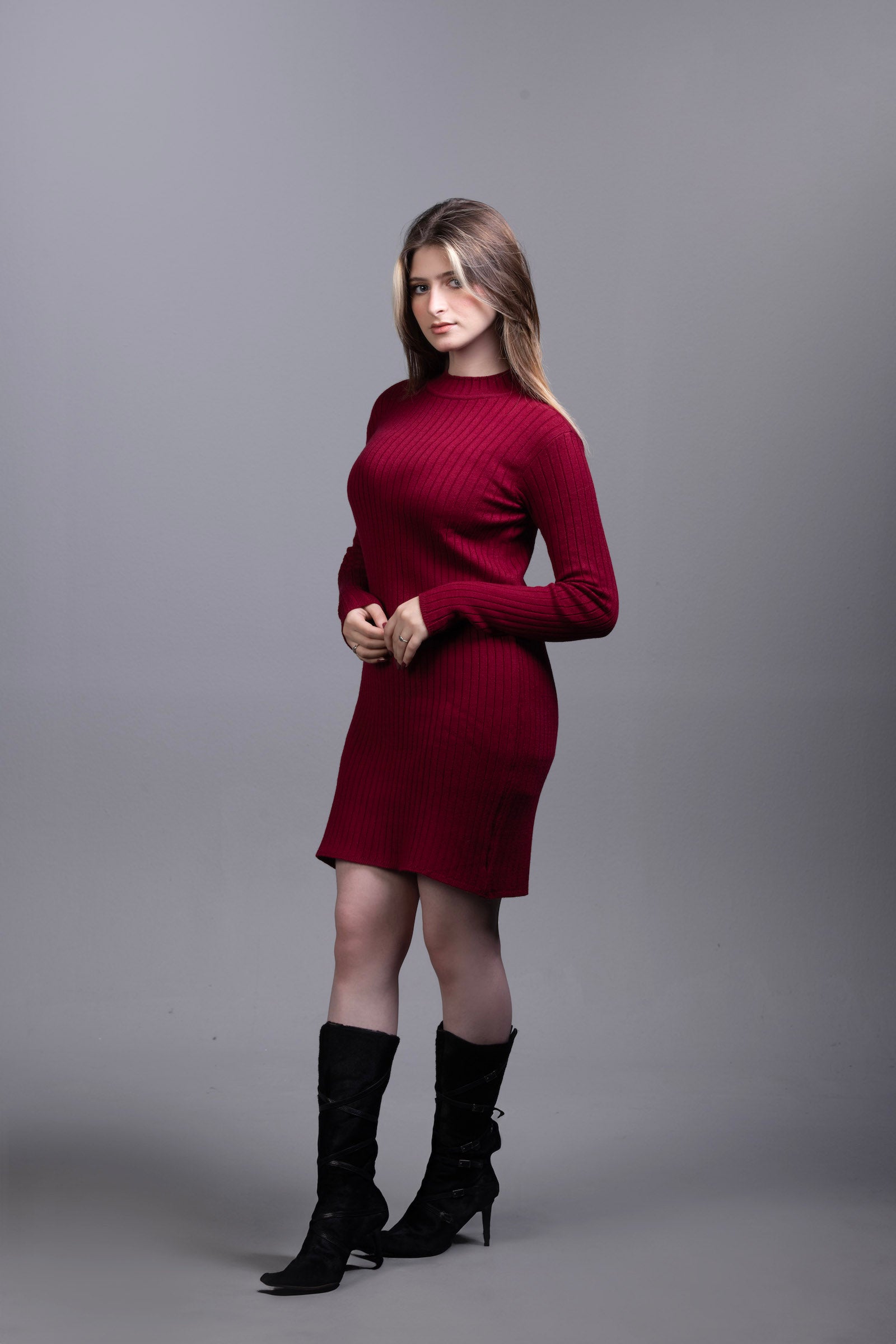 Basic Wear Club | Dress | Cotton | Dark Red | Ribbed Knit Bodycon Dress