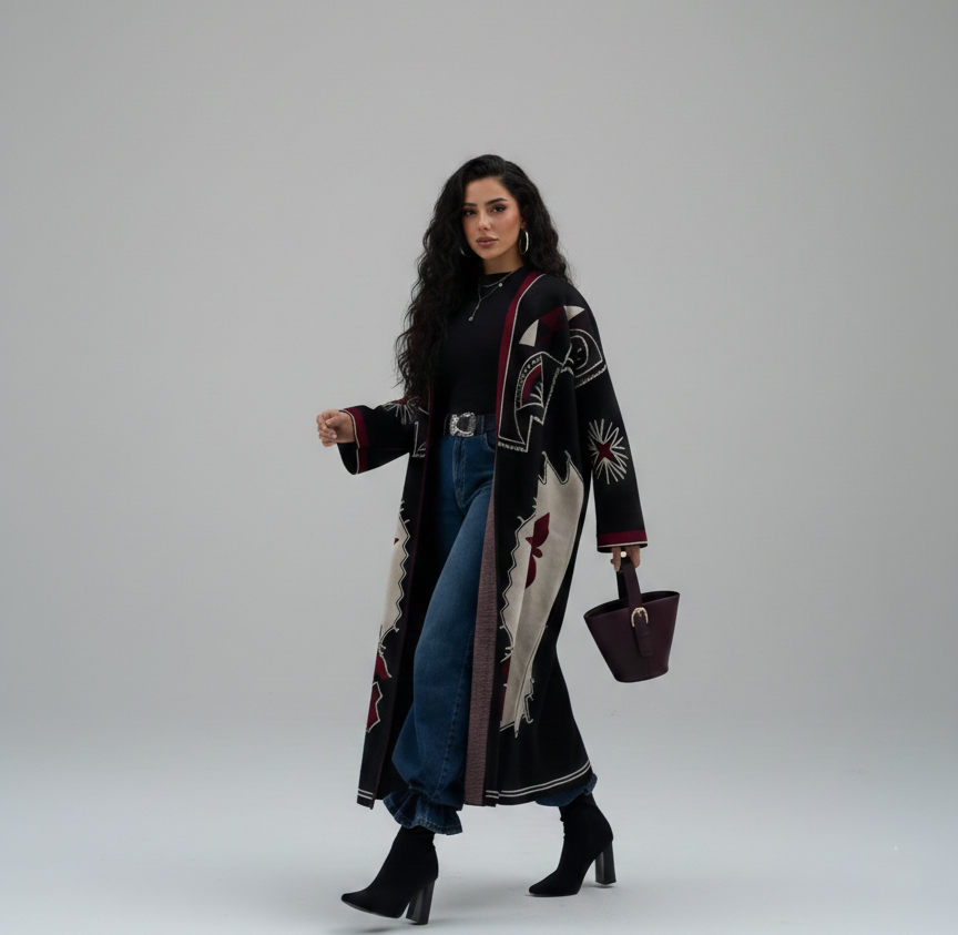 Statement Print Open Knit Kimono