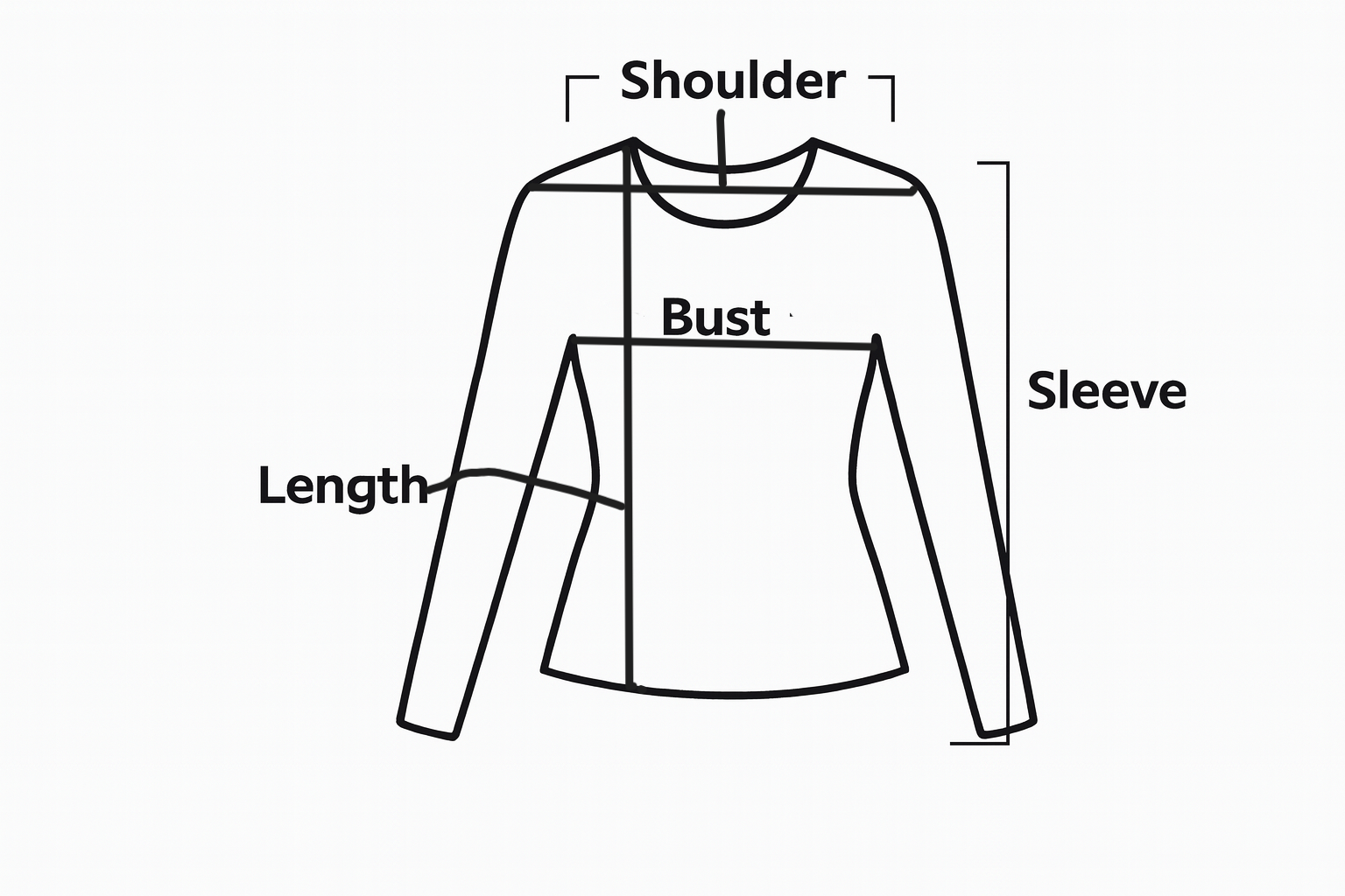 Diagram of a long-sleeve shirt with labeled parts on a white background