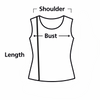 Diagram of a tank top with labeled measurements for shoulder, bust, and length on a white background.