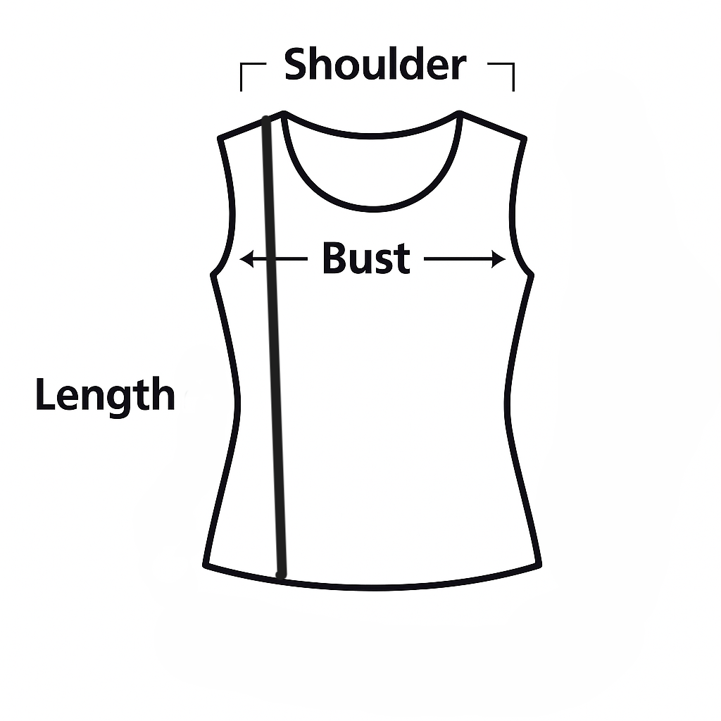 Diagram of a tank top with labeled measurements for shoulder, bust, and length on a white background.