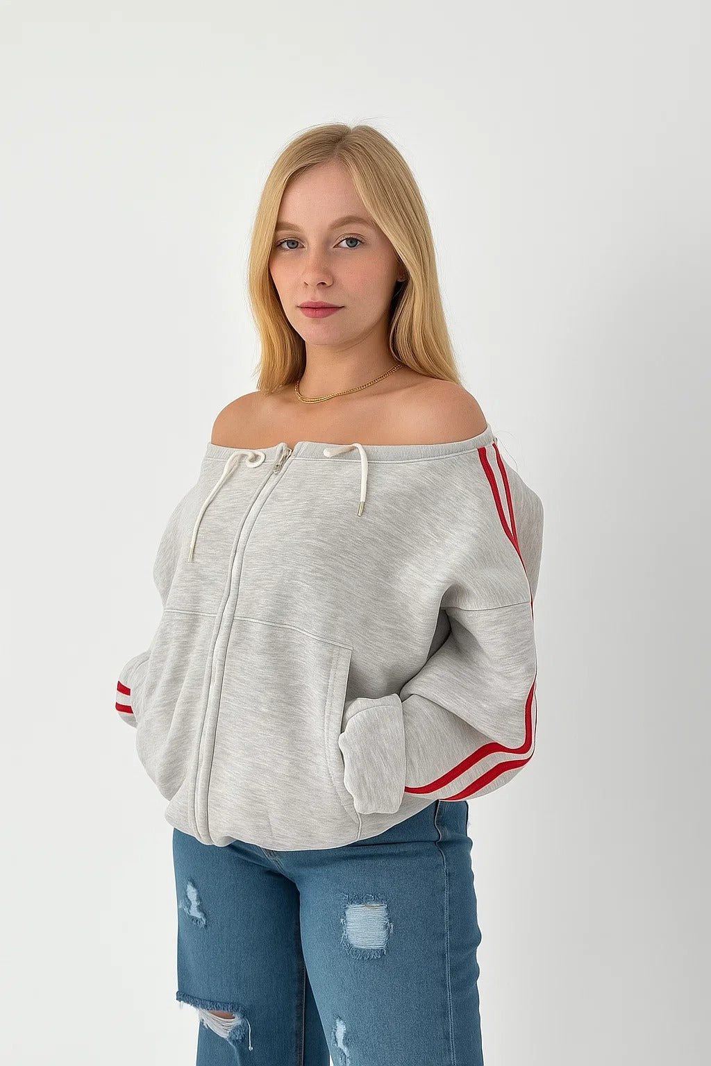Off-Shoulder Zip Hoodie – Sporty Comfort Meets Casual Edge