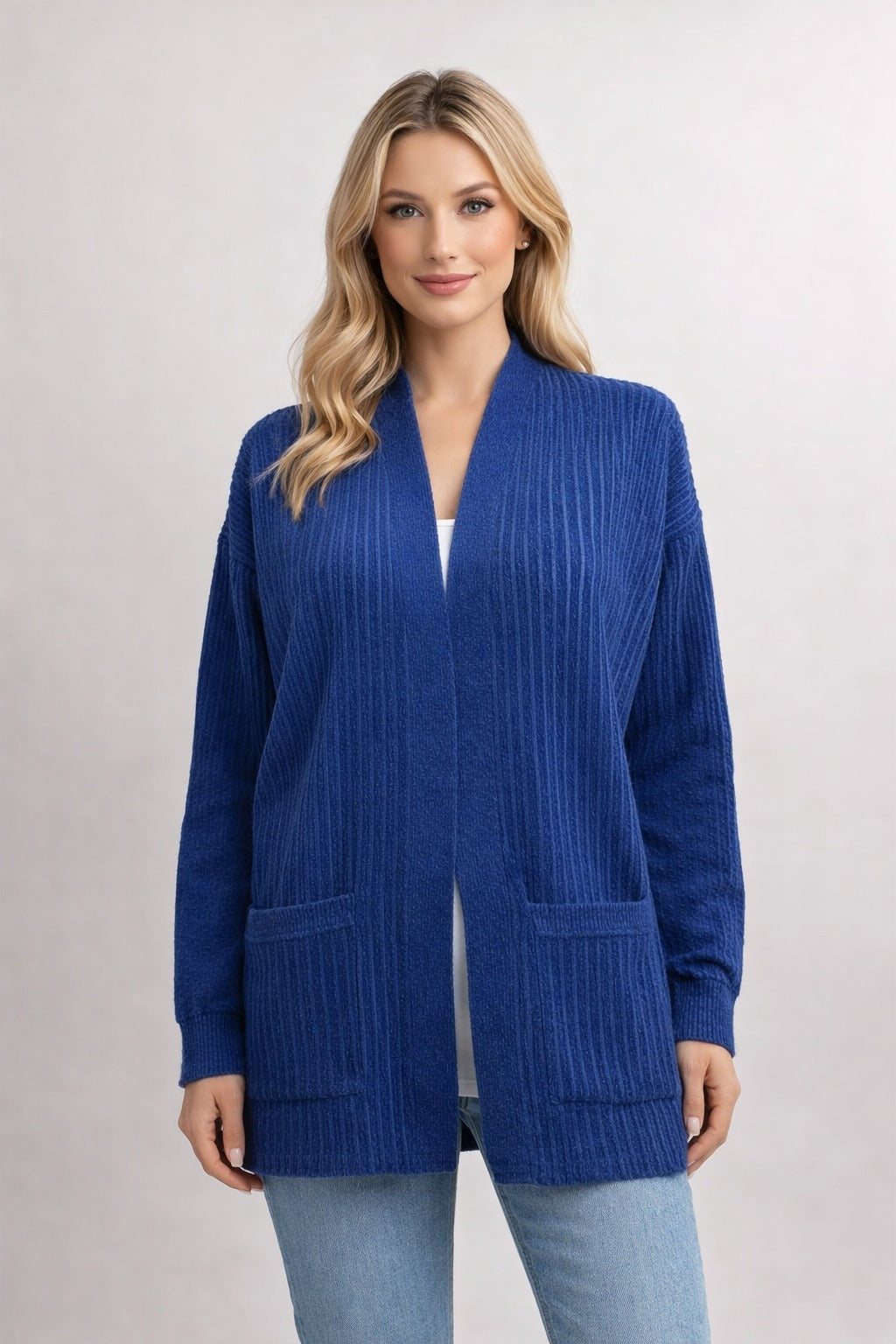 Ribbed Knit Long Cardigan – Open Front with Patch Pockets