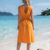 Basic Wear Club | Women's Plain Back-Tie V-Neck Summer Midi Dress | One Size