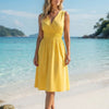 Basic Wear Club | Women's Plain Back-Tie V-Neck Summer Midi Dress | One Size