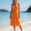 Basic Wear Club | Women's Plain Back-Tie V-Neck Summer Midi Dress | One Size