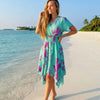 Women's Print Short-Sleeve V-Neck Hem Dress | One Size up to 85 K | Basic Wear Club