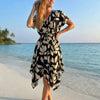 Women's Print Short-Sleeve V-Neck Hem Dress | One Size up to 85 K | Basic Wear Club