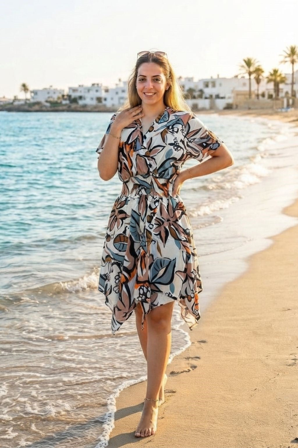 Women's Print Short-Sleeve V-Neck Hem Dress | One Size up to 85 K | Basic Wear Club