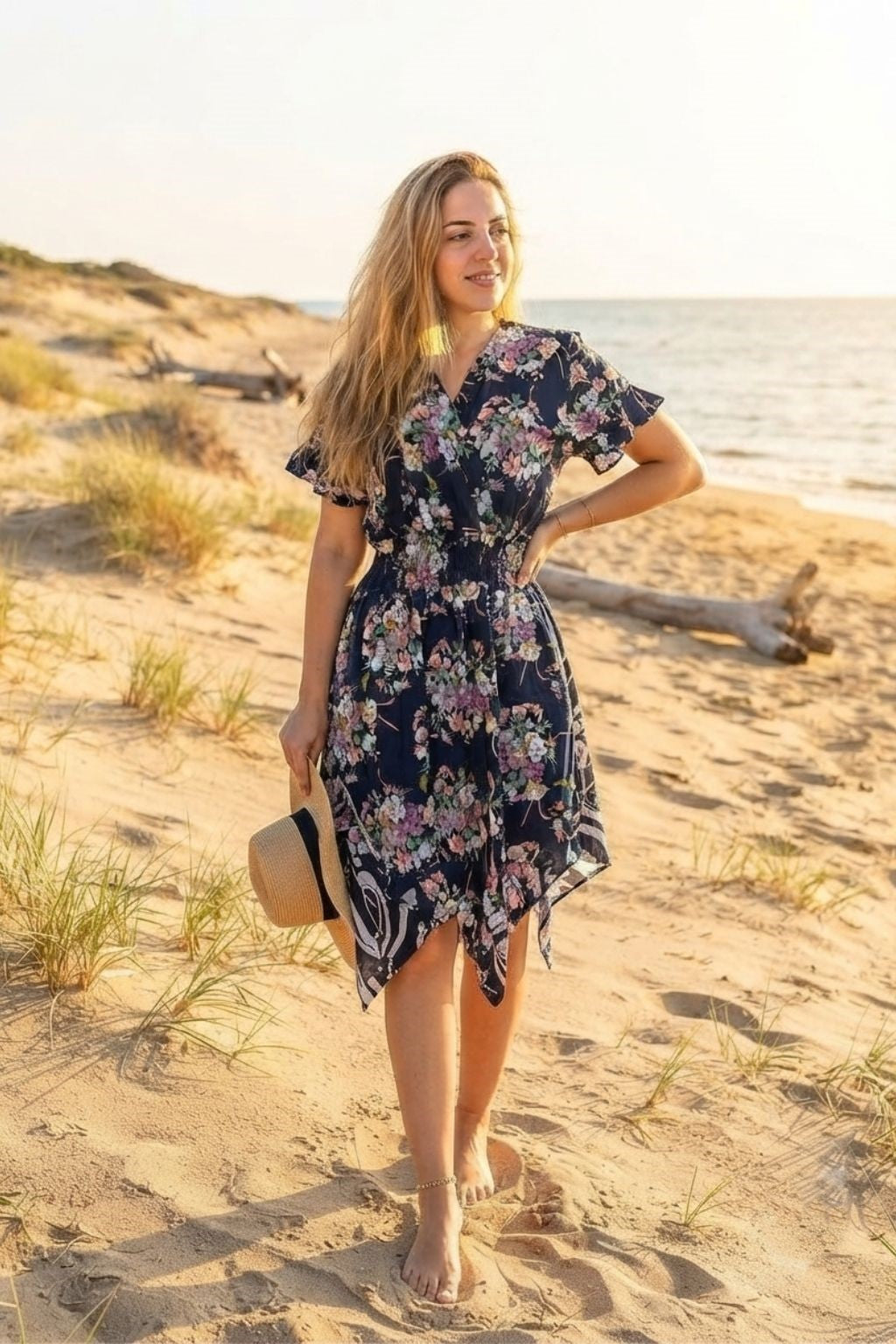 Women's Print Short-Sleeve V-Neck Hem Dress | Basic Wear Club