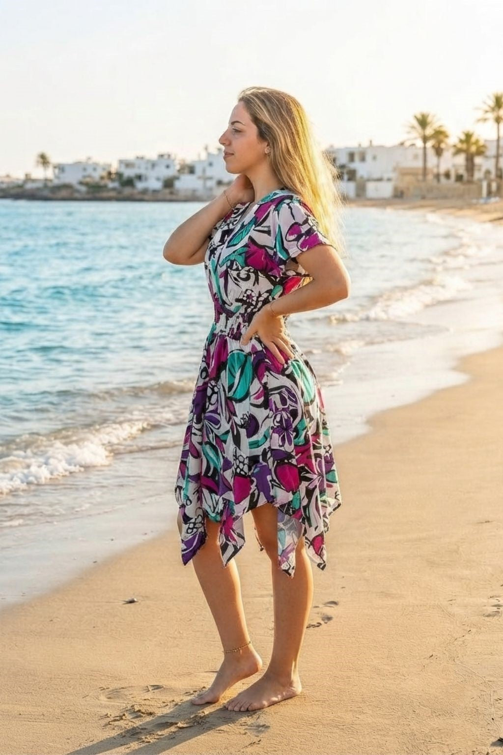 Women's Print Short-Sleeve V-Neck Hem Dress | One Size up to 85 K | Basic Wear Club