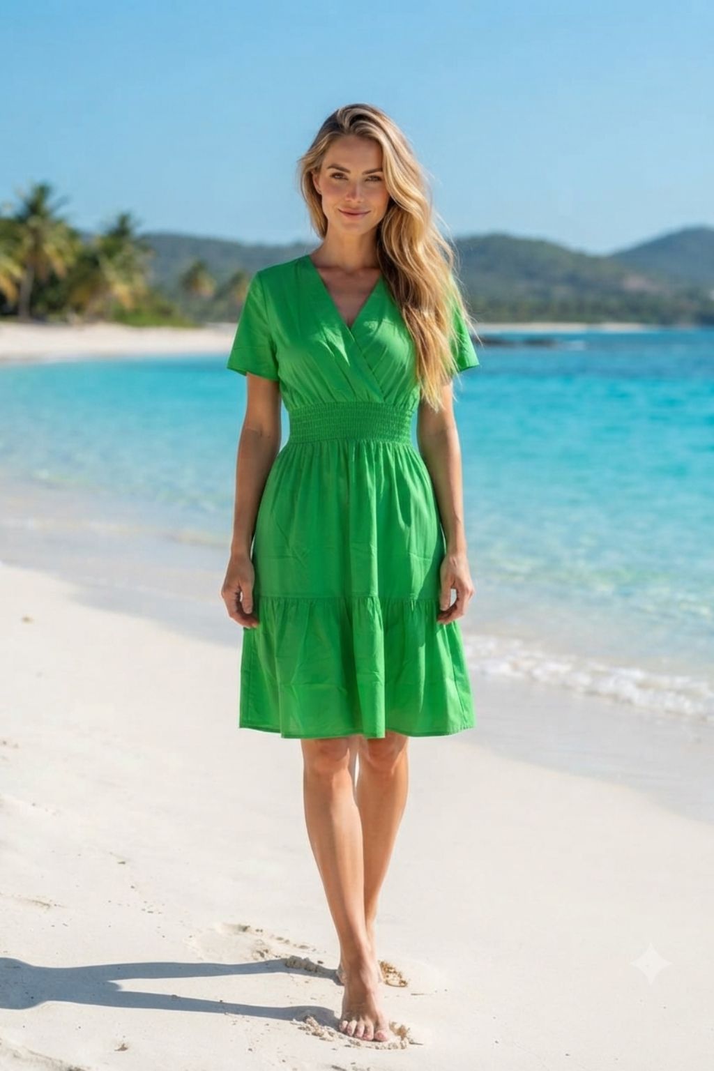 Basic Wear Club | Women's Green Smocked Waist Tiered Mini Dress | One Size