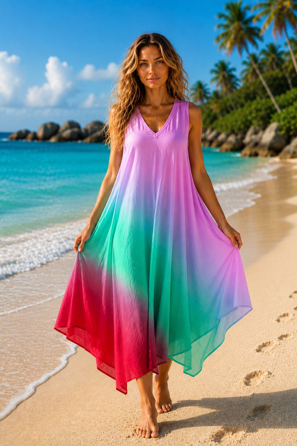 Basic Wear Club | Women's Loose Fit Gradient V-Neck Sundress | One Size (Fits Up to 85 KG)