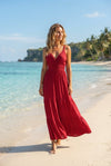Basic Wear Club | Women's Smocked Waist V-Neck Sleeveless Tiered Summer Maxi Dress | One Size (Fits Up to 95 KG)