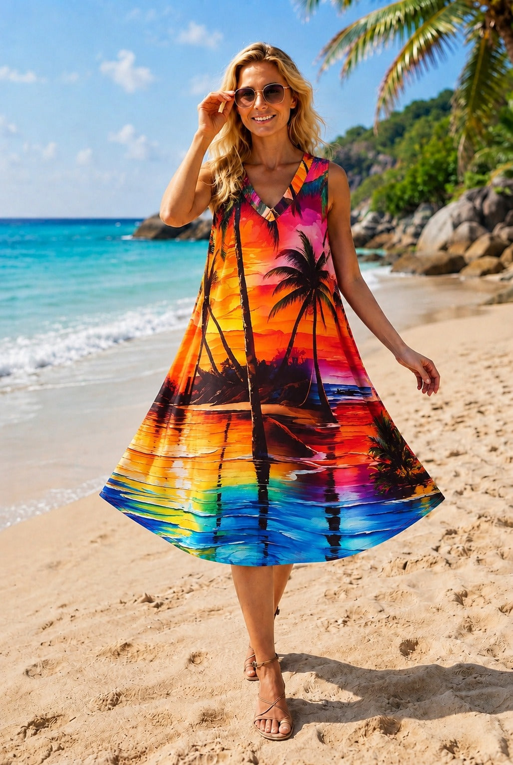 Basic Wear Club | Women's Tropical Palm Print Sleeveless midi Dress | One Size (Fits Up to 95 KG)