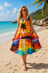 Basic Wear Club | Women's Tropical Palm Print Sleeveless midi Dress | One Size (Fits Up to 95 KG)