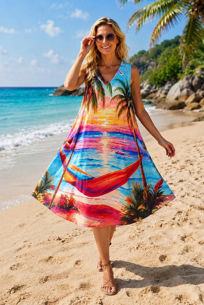 Basic Wear Club | Women's Tropical Palm Print Sleeveless midi Dress | One Size (Fits Up to 95 KG)