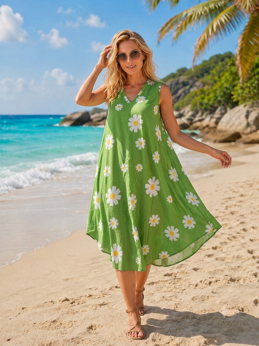 Daisy Print V-Neck Sleeveless Cover up Dress