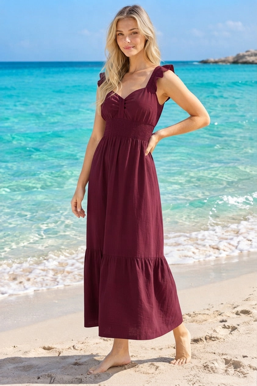 Basic Wear Club | Women's Plain Ruffle Maxi Summer Dress | One Size (Fits Up to 95 KG)