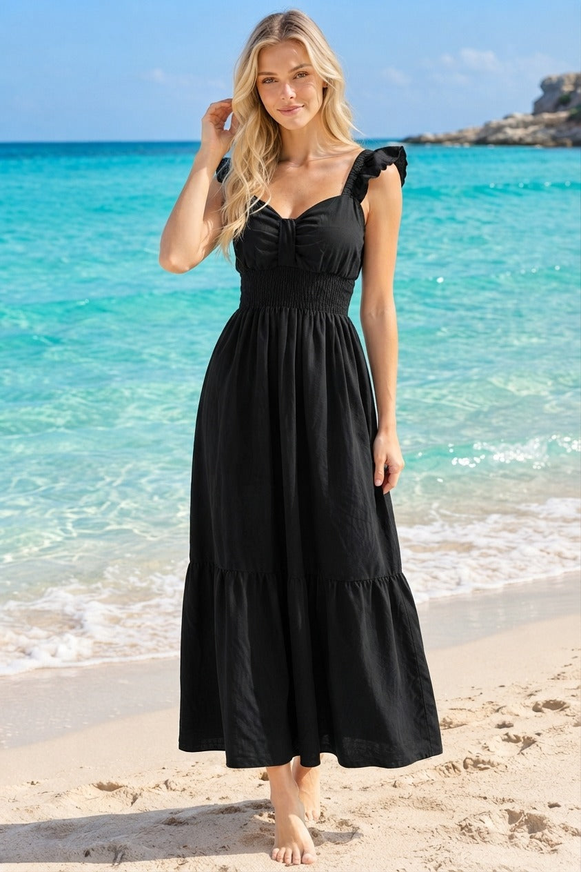 Basic Wear Club | Women's Plain Ruffle Maxi Summer Dress | One Size (Fits Up to 95 KG)