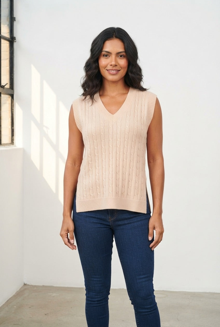 Basic Wear Club | V-Neck Cable Knit Sweater Vest | Cozy Sleeveless Knit Top for Women