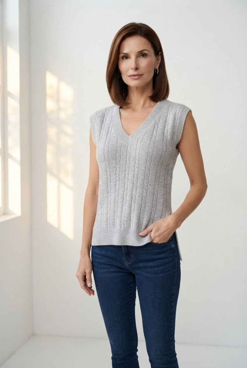 Basic Wear Club | V-Neck Cable Knit Sweater Vest | Cozy Sleeveless Knit Top for Women