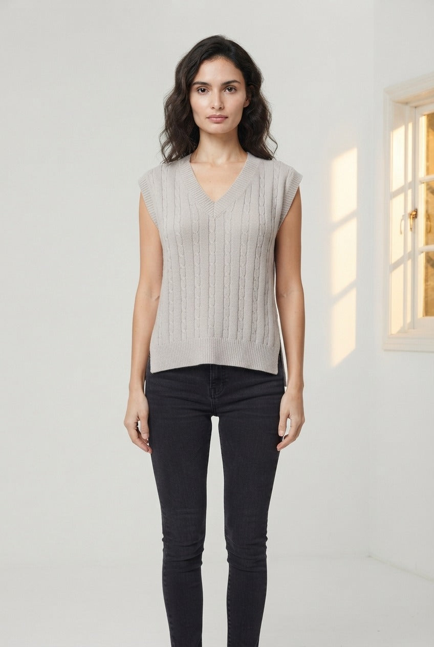 Basic Wear Club | V-Neck Cable Knit Sweater Vest | Cozy Sleeveless Knit Top for Women