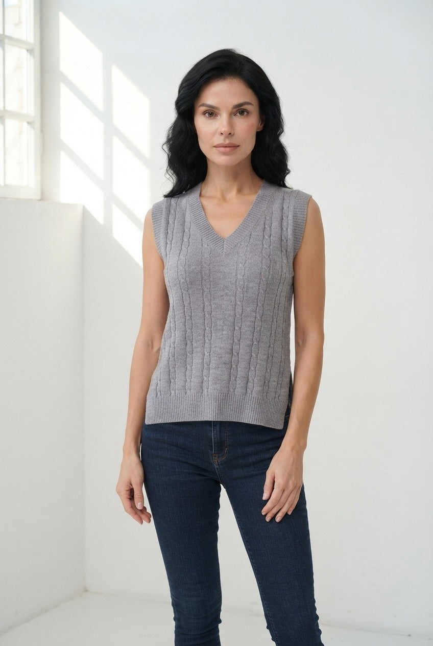Basic Wear Club | V-Neck Cable Knit Sweater Vest | Cozy Sleeveless Knit Top for Women