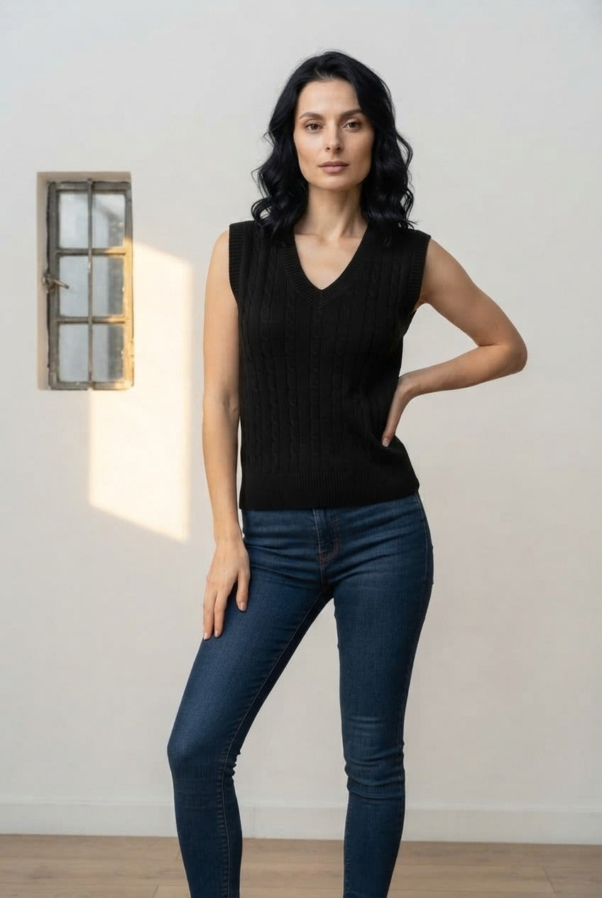 Basic Wear Club | V-Neck Cable Knit Sweater Vest | Cozy Sleeveless Knit Top for Women