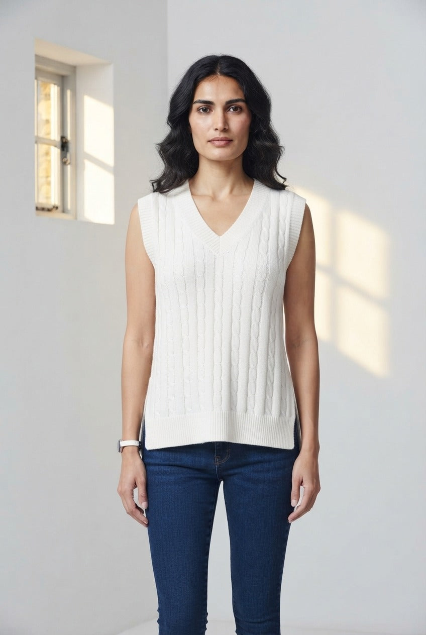 Basic Wear Club | V-Neck Cable Knit Sweater Vest | Cozy Sleeveless Knit Top for Women