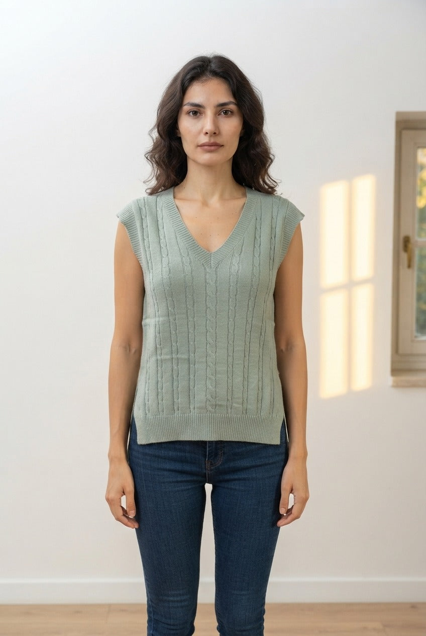 Basic Wear Club | V-Neck Cable Knit Sweater Vest | Cozy Sleeveless Knit Top for Women