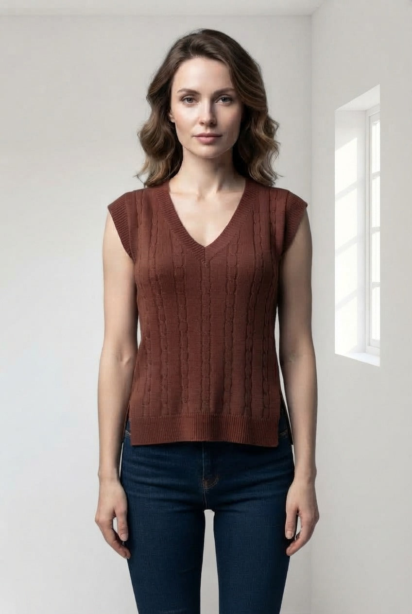 Basic Wear Club | V-Neck Cable Knit Sweater Vest | Cozy Sleeveless Knit Top for Women