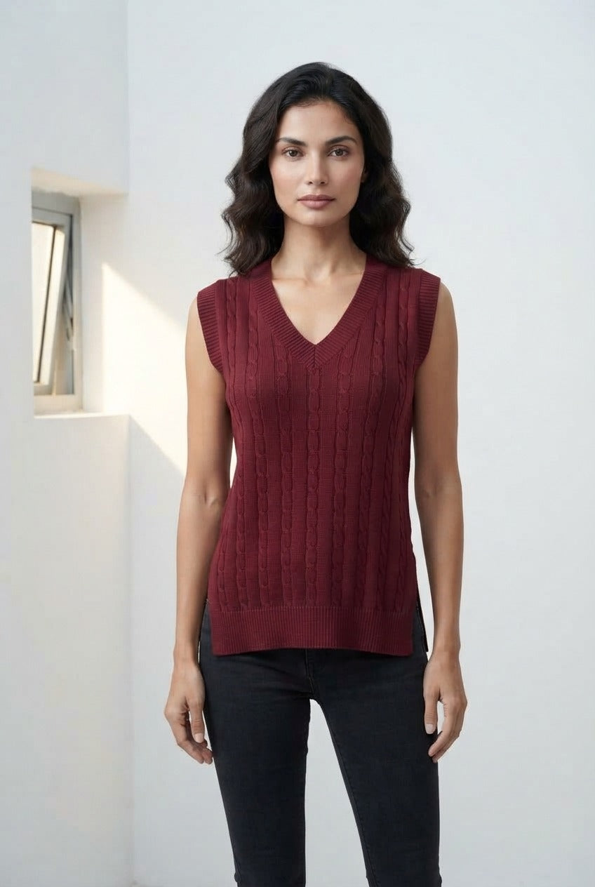 Basic Wear Club | V-Neck Cable Knit Sweater Vest | Cozy Sleeveless Knit Top for Women