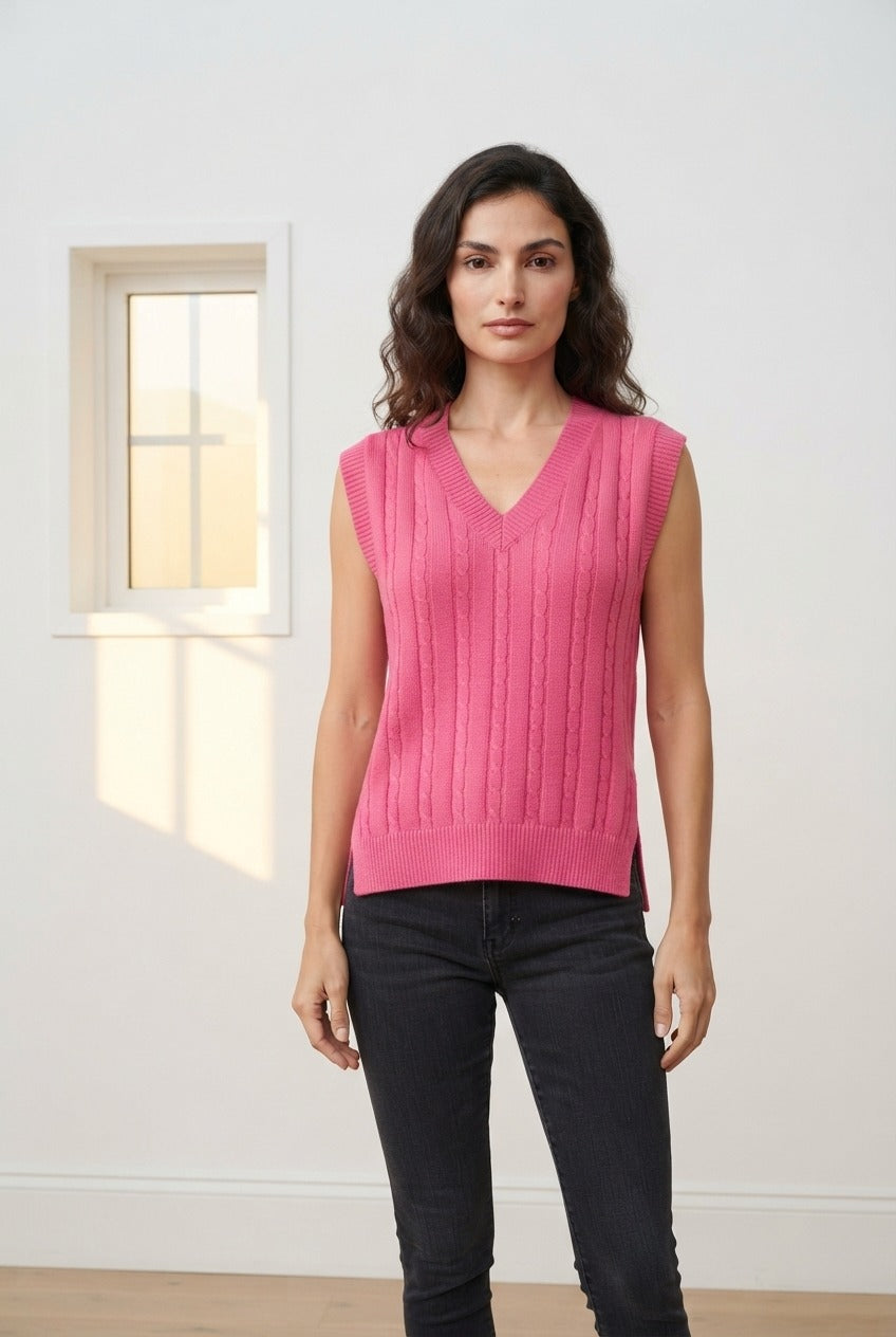 Basic Wear Club | V-Neck Cable Knit Sweater Vest | Cozy Sleeveless Knit Top for Women